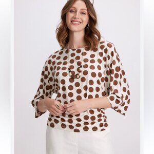 Laura Boat Neck Polka Dot Top Dolman Sleeve Ruched Sides Brown Cream